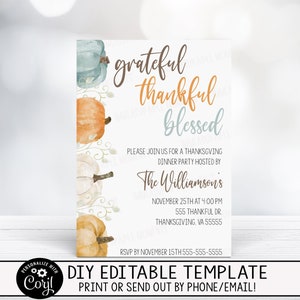 Bearbeitbare dankbare Gesegnete Einladungskarte, Herbst Thanksgiving Dinner Party Einladung/Karte, Individualisierbar
