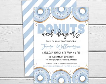 Baby Donut Invitation, Donut And Diapers Baby Shower, Sprinkled With Love Invite, Baby Boy Blue Shower, Blue Donut Sprinkle Invitation