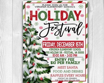 Peut inclure: Une affiche imprimable pour un festival de Noël avec une bordure rayée rouge, verte et blanche. L'affiche présente un sapin de Noël vert avec des boules rouges et de la neige blanche. Le texte indique "Festival de Noël" avec une bordure rayée rouge et verte. L'affiche comprend également la date, l'heure, le lieu et le prix d'entrée du festival. Le texte indique "Vendredi 15 décembre, École élémentaire de Virginie, 555 Holiday Dr - Festival, VA 55555, 10h00 - 15h00, Frais d'entrée 10 € par famille". L'affiche comprend également des informations sur la rencontre avec le Père Noël, la nourriture et les boissons, et les tombolas. Le texte indique "Rencontrez le Père Noël, Nourriture et boissons, Tombolas toutes les heures ! Contactez Mme Edwards pour plus d'informations 555-555-5555". L'affiche comprend également le texte "Modèle modifiable en DIY, Modifier et imprimer aujourd'hui".