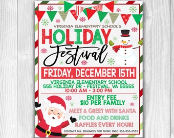 Puede incluir: Un folleto de festival navideño rojo y verde imprimible con un muñeco de nieve y Papá Noel. El folleto anuncia el Festival Navideño de la Escuela Primaria de Virginia el viernes 15 de diciembre de 10:00 AM a 3:00 PM. El folleto incluye la dirección, la tarifa de entrada y la información sobre la reunión con Papá Noel, comida y bebidas, y rifas.