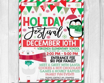 Puede incluir: Un folleto imprimible rojo, verde y blanco para un Festival de Navidad en la Escuela Primaria de Virginia el 10 de diciembre de 2:00 PM a 5:00 PM. El folleto presenta un pingüino y un oso polar con un diseño festivo. El evento incluye un encuentro con Santa Claus, galletas, chocolate caliente, juegos, rifas por hora y diversión familiar.