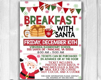 Holiday Christmas Breakfast With Santa Flyer Invitation Fundraiser, Editable, Fall School Church Company Flyer, PTO PTA