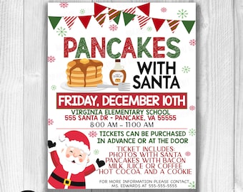 Holiday Christmas Pancakes With Santa Flyer Invitation Fundraiser, Breakfast Fundraiser, Fall School Church Company Flyer, PTO PTA, Editable