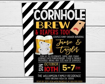 Cornhole And Beer Baby Shower Invitation, Brew And Diapers Too Invite, Couples Baby Shower, Co-ed Barbecue Backyard Shower Cookout Printable