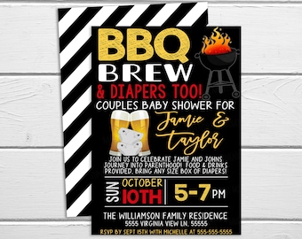 BBQ Baby Shower Invitation, Baby-Que Brew And Diapers Too Invite, Couples Baby Shower, Co-ed Barbecue Backyard Shower Cookout Printable