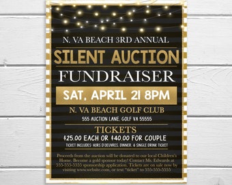Silent Auction Flyer, Fundraising Event, Community Church School PTO PTA Fundraising, Nonprofit Charity Benefit, Black Tie Gala, Printable