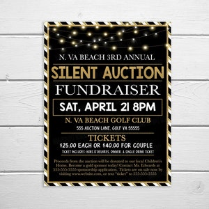 Silent Auction Flyer, Fundraising Event, Community Church School PTO PTA Fundraising, Nonprofit Charity Benefit, Black Tie Gala, Printable