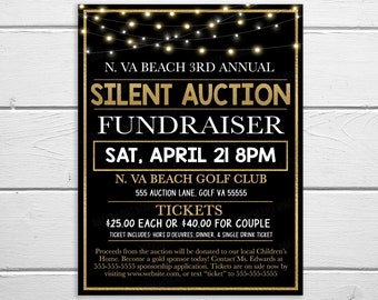Silent Auction Flyer, Fundraising Event, Community Church School PTO PTA Fundraising, Nonprofit Charity Benefit, Black Tie Gala, Printable