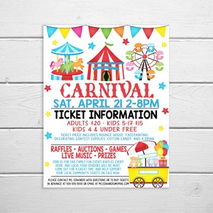 Carnival Flyer, Editable Printable, School PTO PTA Invitation, Church Business Benefit Fundraiser Event Poster, Circus Party Printable