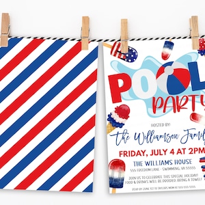 Patriotic Pool Party Invitation, Labor Day Memorial Day 4th of July Invite, Pool Popsicle American Holiday Birthday Party Editable Printable