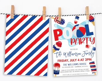 Patriotic Pool Party Invitation, Labor Day Memorial Day 4th of July Invite, Pool Popsicle American Holiday Birthday Party Editable Printable