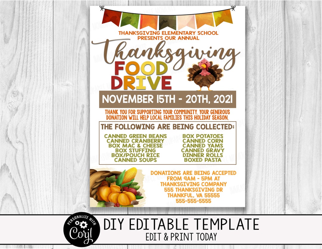 EDITABLE Fall Thanksgiving Food Drive Fundraiser Flyer, Church Food