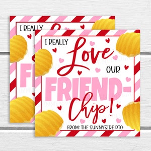 Patatas fritas Etiquetas de regalo del día de San Valentín, Chip Chip Hurra, Regalo de papas fritas para estudiantes Maestros Personal PTA PTO Plantilla imprimible editable