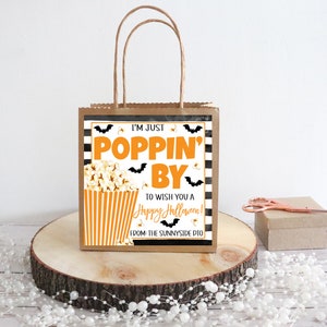 Halloween Popcorn Gift Tag, Poppin&#39; By To WIsh You A Happy Halloween, Favor Label, Teacher Employee Staff Volunteer Appreciation, Printable