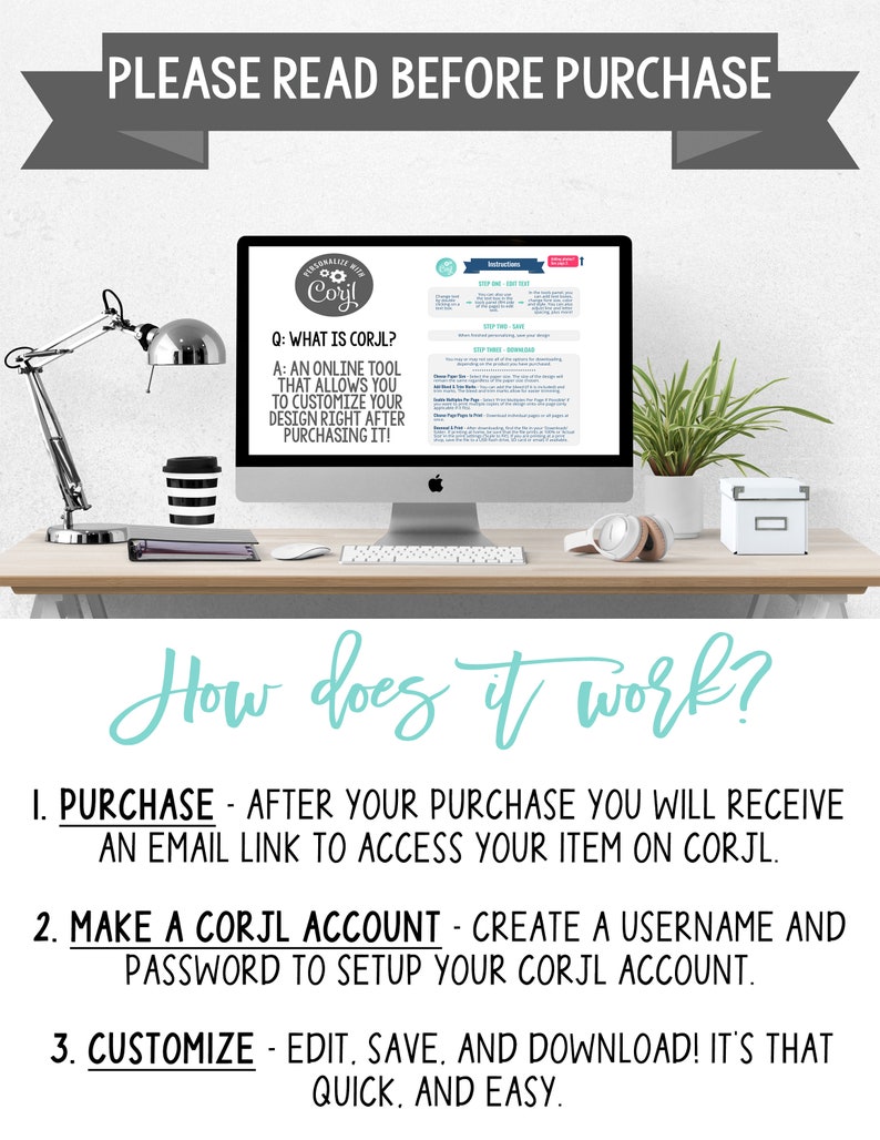 May include: A computer screen displaying instructions on how to use the Corjl online design tool. The text on the screen reads "What is Corjl?" and "An online tool that allows you to customise your design right after purchasing it!" The text below the screen reads "How does it work?" and lists three steps: Purchase, Make a Corjl Account, and Customise.