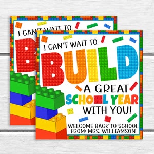 Etiquetas para presentes de blocos de construção de volta às aulas, alunos, colegas de classe, construa um ótimo ano escolar com você, modelo para impressão de boas-vindas de volta