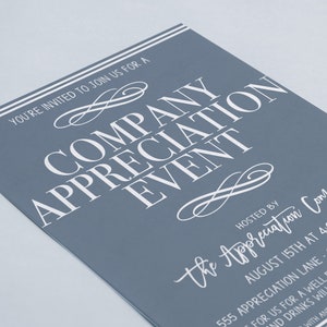 May include: A blue invitation card with white text that reads "You're invited to join us for a Company Appreciation Event. Hosted by The Appreciation Company. August 15th at 4:00 PM. 555 Appreciation Lane, Grateful, VA 55555. For us for a well deserved appreciation and drinks will be provided. See you with Andrew by August 2nd at 5555."