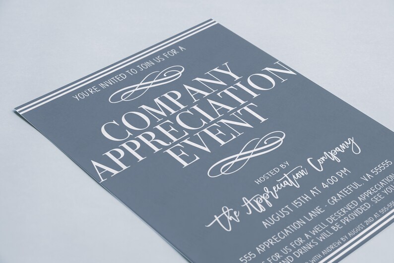 May include: A blue invitation card with white text that reads "You're invited to join us for a Company Appreciation Event. Hosted by The Appreciation Company. August 15th at 4:00 PM. 555 Appreciation Lane, Grateful, VA 55555. For us for a well deserved appreciation and drinks will be provided. See you with Andrew by August 2nd at 5555."