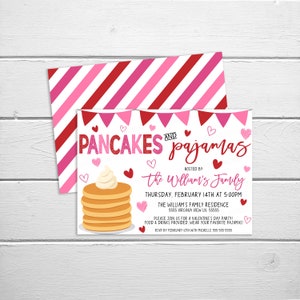 May include: A pink and red striped background with a white invitation card. The invitation card has a red and pink banner with hearts and the text "Pancakes and Pajamas" in red. The text "Hosted by the William's Family" is in red and black. The invitation is for a Valentine's Day party on Thursday, February 14th at 5:00 PM. The address is 5555 Virginia View Ln. 55555. The invitation says "Please join us for a Valentine's Day party! Food & drinks provided. Wear your favorite pajamas!" and "RSVP by February 10th with Michelle 555-555-5555".