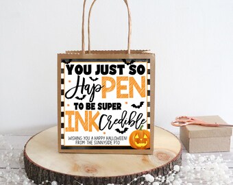 Halloween Pen Gift Tags, Hap-pen To Be Ink-credible, Student Teacher Staff Employee Appreciation, PTO PTA School Supples, Editable Template