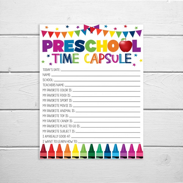 Preschool Time Capsule Printable, Pre-K Kids Student Memory Sheet, School Questionnaire, Teacher Staff PTO PTA, Instant Digital Download