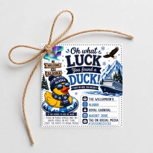 Op de afbeelding: Een vierkant cadeaulabel met een cartoon eend met zonnebril, hoed en sjaal, drijvend op een zwemband. Het label leest "Oh what LUCK You found a DUCK!" met Alaska en cruiseschip graphics. Een touwstrik is bovenaan vastgebonden.