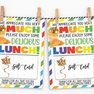 Titular de la tarjeta de regalo del almuerzo, tarjeta/etiqueta de regalo de agradecimiento editable, comida saludable sándwich envolvente, personal de la escuela de maestros empleado enfermera voluntaria PTO PTA