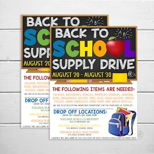 Folleto de campaña de suministros escolares, folleto editable imprimible de PTO PTA, póster de recaudación de fondos de suministros, invitación de regreso a la escuela, póster de donaciones de suministros