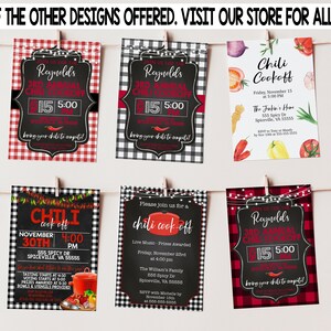 May include: A collection of six printable chili cook-off invitations with different designs. The invitations feature red and black buffalo plaid, chalkboard backgrounds, and chili peppers. The text on the invitations includes the date, time, and location of the event.