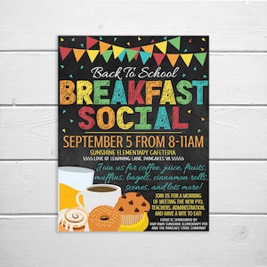 School Breakfast Social Flyer, PTO PTA Fundraiser, Teachers Staff Welcome Back, Church Fundraising, Template Printable Download Editable