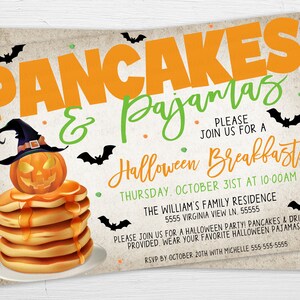 Inbjudan till Halloween-pannkakor och pyjamasfest, redigerbar födelsedags-pyjamasfestinbjudan, brunch, frukost, skolklassrumsfest, föräldraledamot, föräldraledamot, vintage bild 2