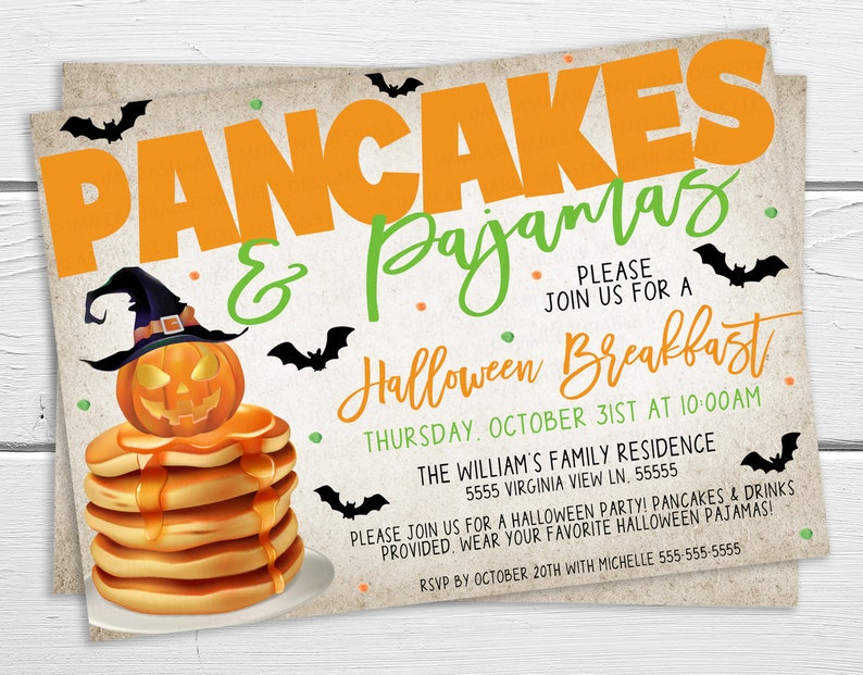 Inbjudan till Halloween-pannkakor och pyjamasfest, redigerbar födelsedags-pyjamasfestinbjudan, brunch, frukost, skolklassrumsfest, föräldraledamot, föräldraledamot, vintage bild 2