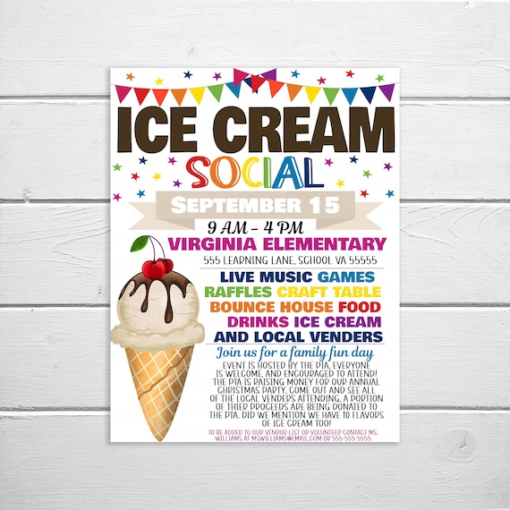 Ice Cream Social Fundraiser Flyer Editable Church School PTA Etsy