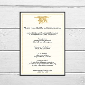 SEAL Retirement Invitation, NSW US Navy Seal Retirement Invitation Card, Trident Invitation, E6 E7 E8 E9 O4 O5 Ceremony Invite, Customizable