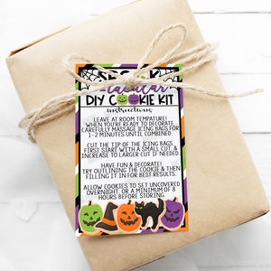 May include: A printable Halloween cookie kit with instructions on how to decorate cookies. The kit includes a black cat, pumpkin, and witch hat cookie cutters. The instructions are written in black and white text on a colorful background.