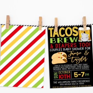 May include: A black and white baby shower invitation with red, yellow, and green stripes in the background. The invitation reads "Tacos Brew & Diapers Too! Couples Baby Shower for Jamie & Taylor" with a date of "Sun October 10th 5-7 PM".