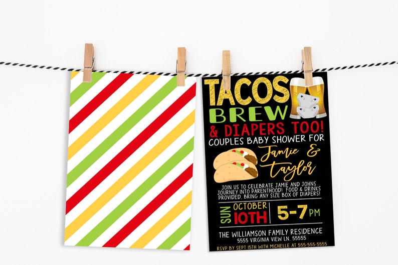 May include: A black and white baby shower invitation with red, yellow, and green stripes in the background. The invitation reads "Tacos Brew & Diapers Too! Couples Baby Shower for Jamie & Taylor" with a date of "Sun October 10th 5-7 PM".
