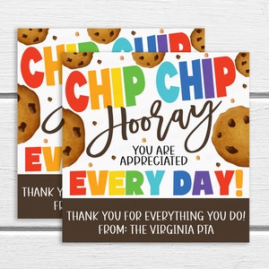 Cookie Thank You Gift Tags, Chip Chip Hooray, Appreciation Week, Volunteer Nurse Healthcare, Teacher School Staff Employee Frontline PTA PTO