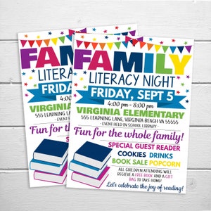 Family Literacy Night Flyer, Editable Printable, PTA PTO Flyer, School Church Fundraiser Poster, Reading Book Sale Event
