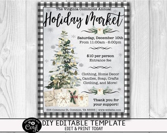 Peut inclure: Affiche promotionnelle pour le marché annuel des fêtes de Virginia Commons. La conception comprend un sapin de Noël à l'aquarelle, des cadeaux emballés et des flocons de neige. L'affiche indique la date, l'heure et une liste de vendeurs. La bordure est à carreaux noirs et blancs.
