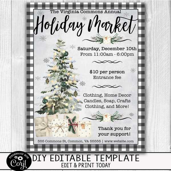 EDITABLE Holiday Market Flyer Invitation, Winter Christmas Fundraiser Event Community Company Business Event Flyer, PTO PTA