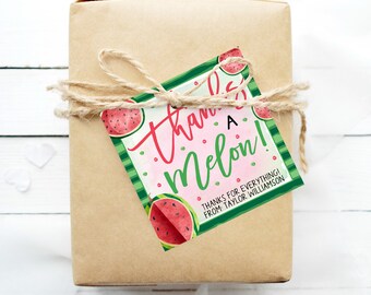 May include: A pink and green gift tag with a watermelon design. The tag says "Thanks a Melon! Thanks for everything! From Taylor Williamson".