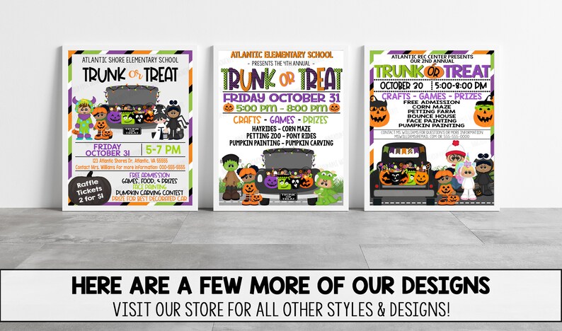May include: Three colourful posters advertising a Trunk or Treat event. The posters feature a cartoon truck with children dressed in Halloween costumes. The text on the posters includes the event date, time, and location.