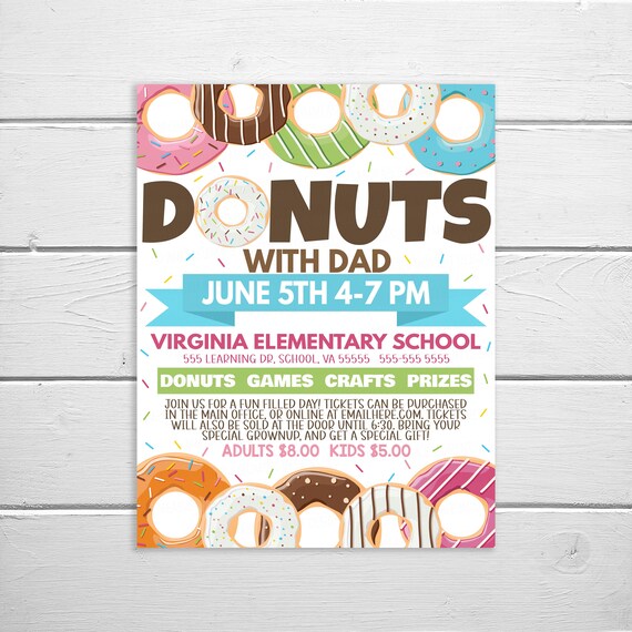 Donuts With Dad Flyer, School PTO PTA, Father Parent Grandparent Adult Breakfast Brunch Lunch Invitation Event Flyer Fundraiser Invitation Il_570xn