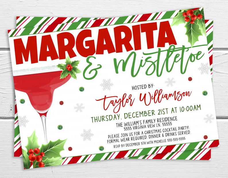 Inbjudan till julfest med margarita och mistel, inbjudan till vintersemestercocktailparty, redigerbar utskrivbar mall för damernas julafton bild 2