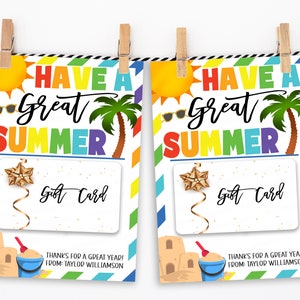 Porta-cartão-presente de verão, tenha um ótimo verão, cartão-presente de agradecimento, funcionários do professor, funcionários voluntários, creche, pré-escola, apreciação editável