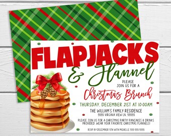 Puede incluir: Una invitación a un brunch navideño con un fondo de cuadros rojos y verdes. La invitación presenta una pila de panqueques con jarabe y un lazo rojo, y el texto "Flapjacks & Flannel Christmas Brunch". La invitación incluye la fecha, la hora y la ubicación del evento, así como una solicitud de RSVP.