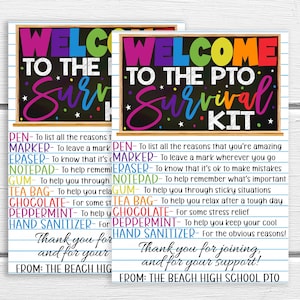 PTO Survival Kit Gift Tag, Welkom bij PTO Gift voor nieuwe leden, afdrukbare bewerkbare, vrijwilliger mand gunst, Candy Supplies, PTO Gift Ideas