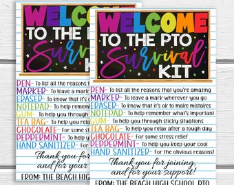 PTO Survival Kit Gift Tag, Welcome To PTO Gift For New Members, Printable Editable, Volunteer Basket Favor, Candy Supplies, PTO Gift Ideas