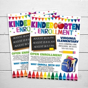 May include: A colorful flyer for kindergarten enrollment at Virginia Elementary. The flyer features a red apple, a blue backpack, a pencil, and a yellow crayon. The flyer lists open enrollment dates and times in August, the school's address and phone number, and reasons to enroll at Virginia Elementary.